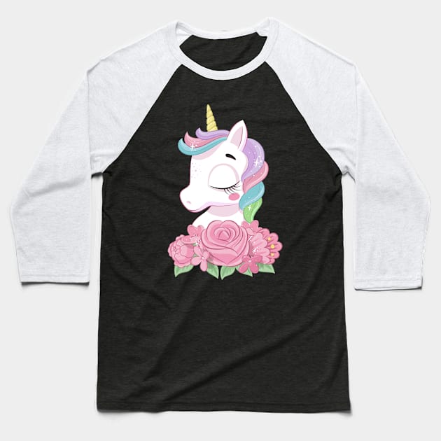 cute magical unicorn with flowers tshirt Baseball T-Shirt by Tshirt lover 1